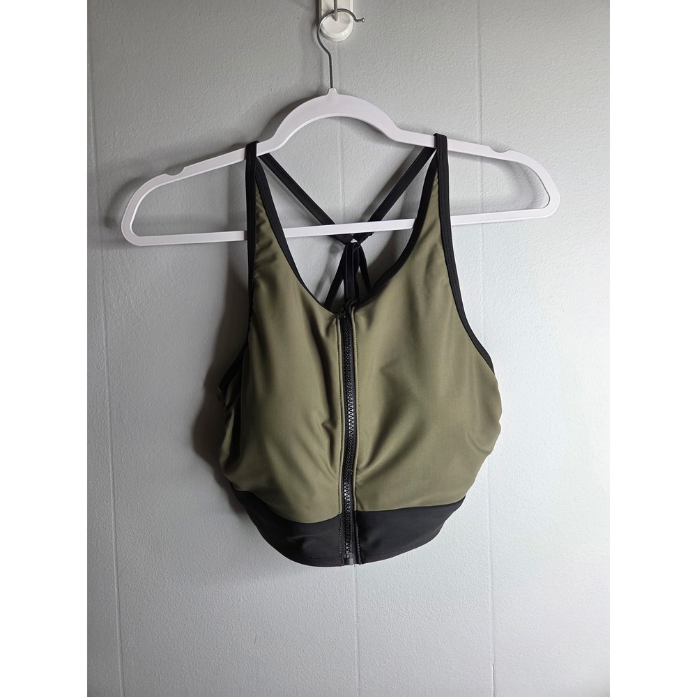 All in Motion Womens Olive Green Black Front Zip Strappy Racerback Sports Bra M